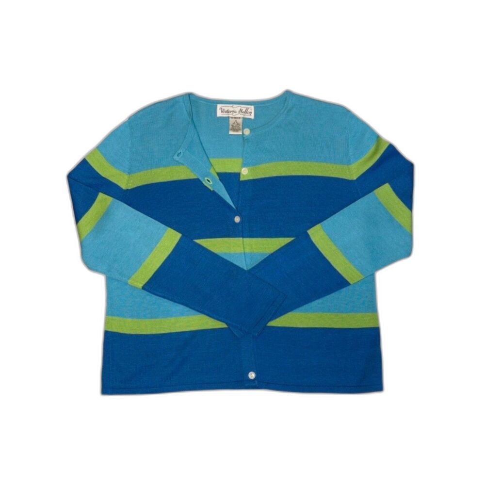 Vintage Striped Silk Knit Cardigan Blue Lime Summer Victoria Holley Sz 14